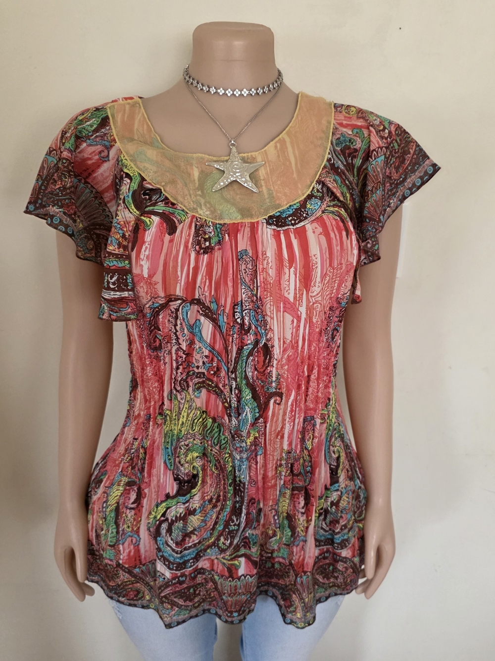 new directions Coral Multi-Color Paisley Cap Sleeve Top